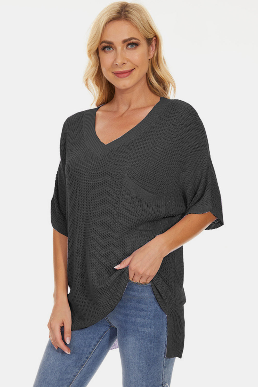 STUNNLY  Pocketed V-Neck Half Sleeve Knit Top Black S 