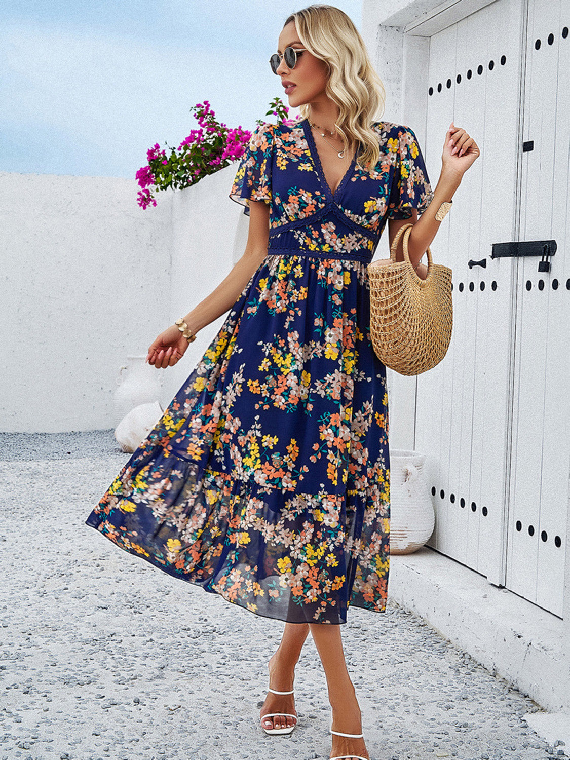 Printed V-Neck Flutter Sleeve Midi Dress   