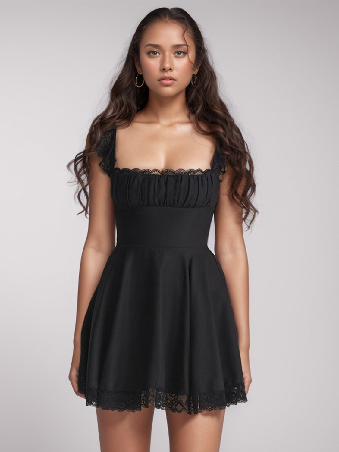 Lace Detail Square Neck Cap Sleeve Mini Dress   