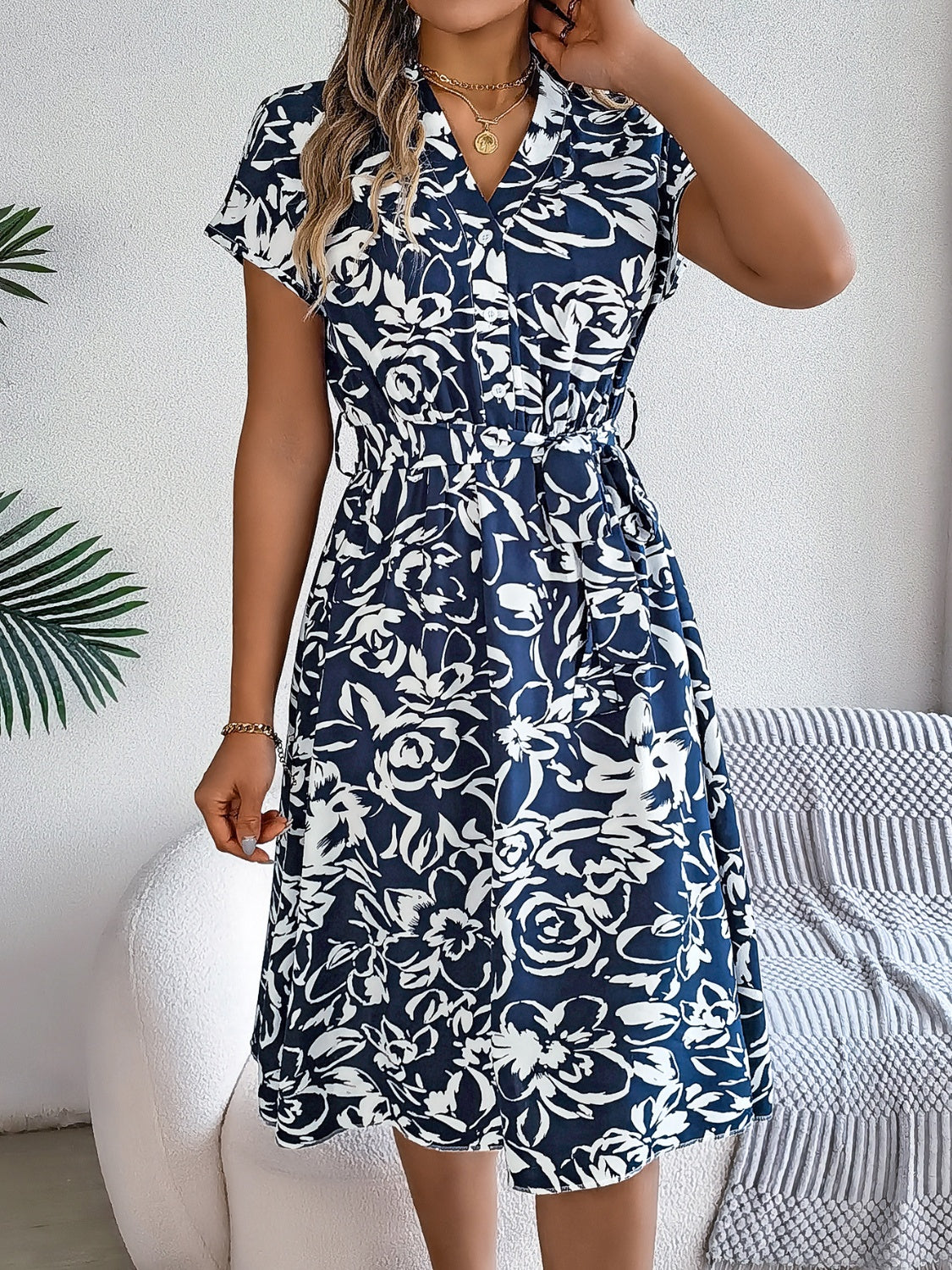 Printed V-Neck Short Sleeve Dress   