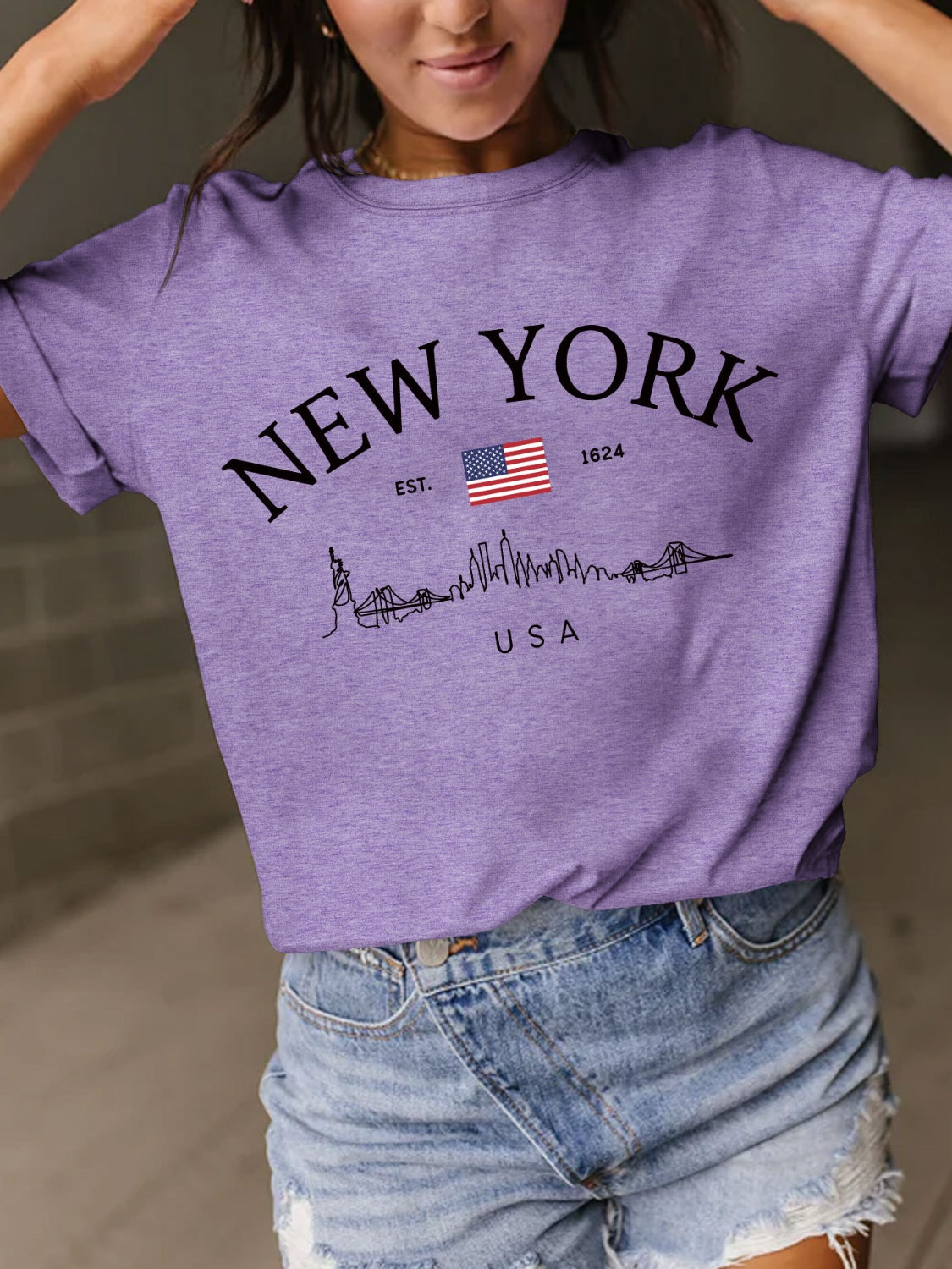 STUNNLY  Full Size Letter Graphic Round Neck Short Sleeve T-Shirt Lavender S 