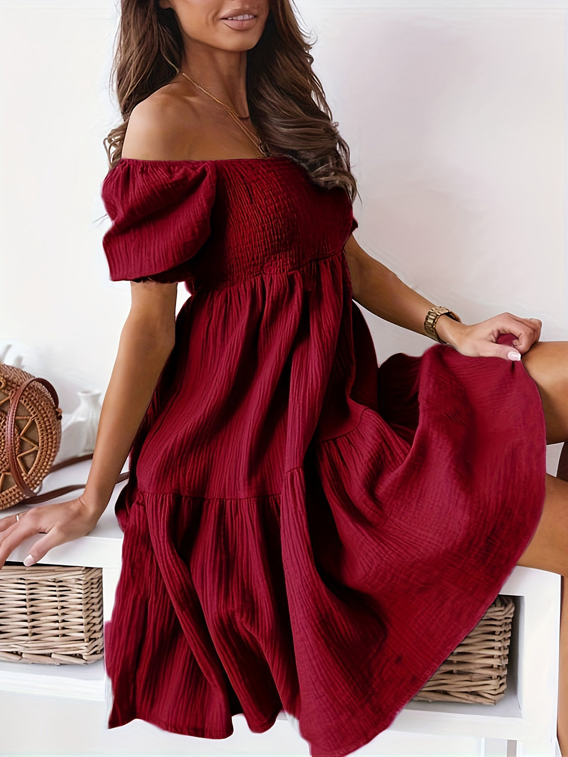 Full Size Ruffled Off-Shoulder Short Sleeve Dress   