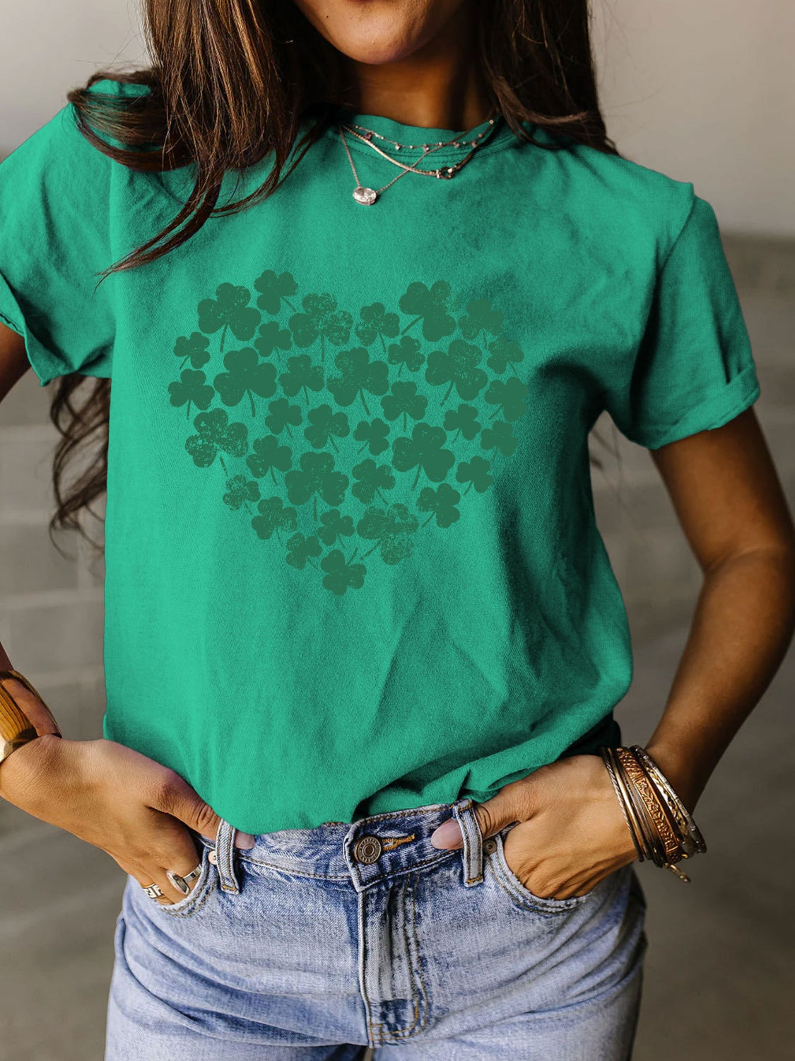 STUNNLY  Full Size Lucky Clover Round Neck Short Sleeve T-Shirt Turquoise S 