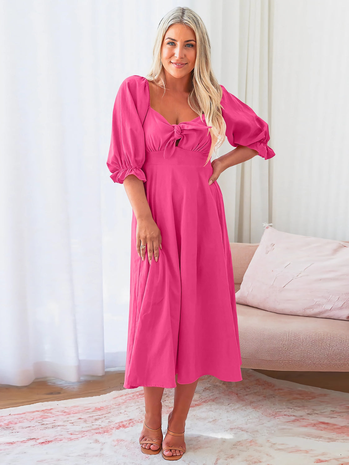 Sweetheart Neck Flounce Sleeve Midi Dress   