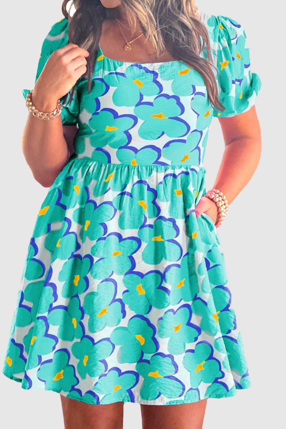 Printed Square Neck Short Sleeve Dress Turquoise S 