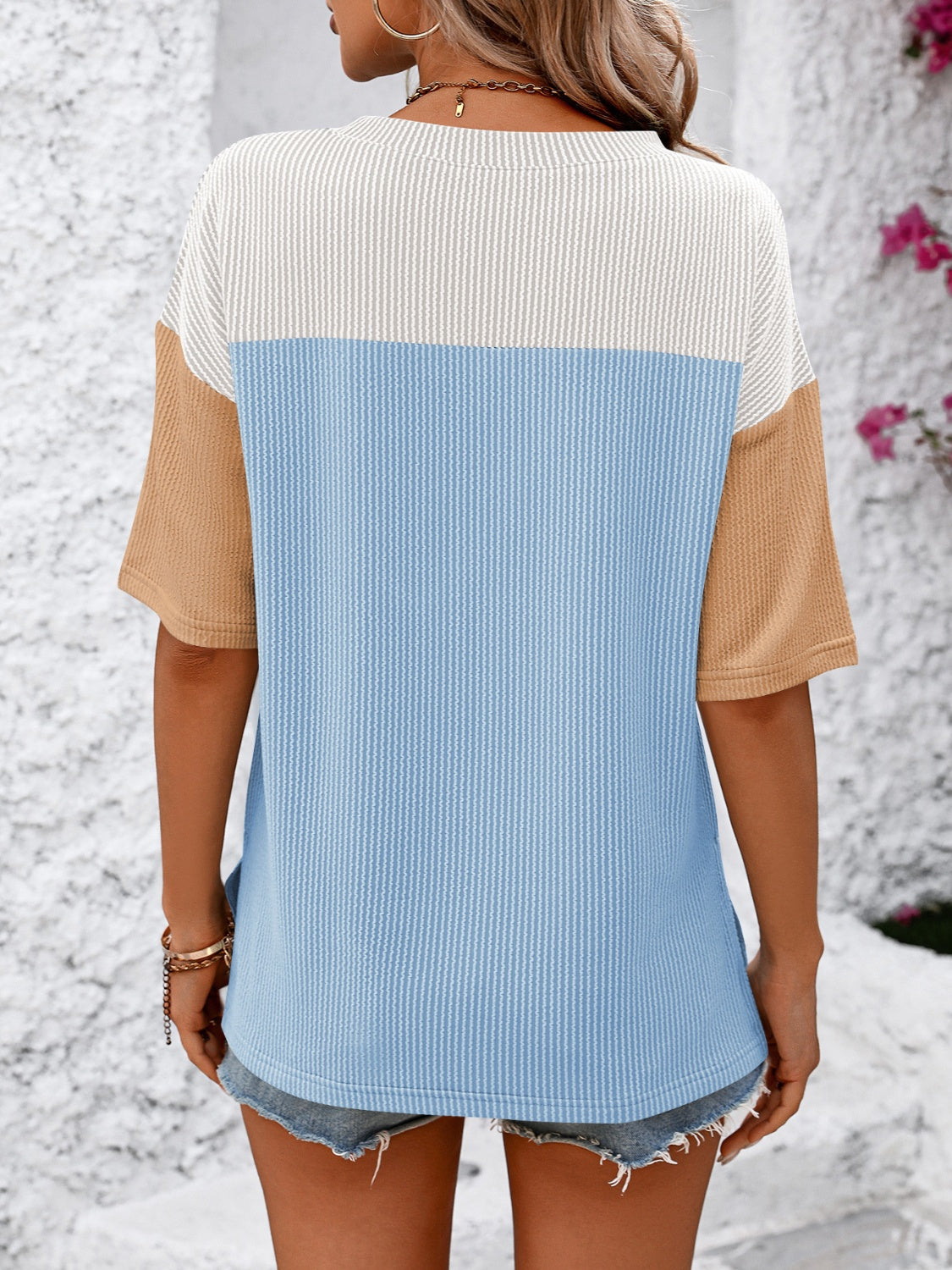 STUNNLY  Color Block Round Neck Half Sleeve T-Shirt   