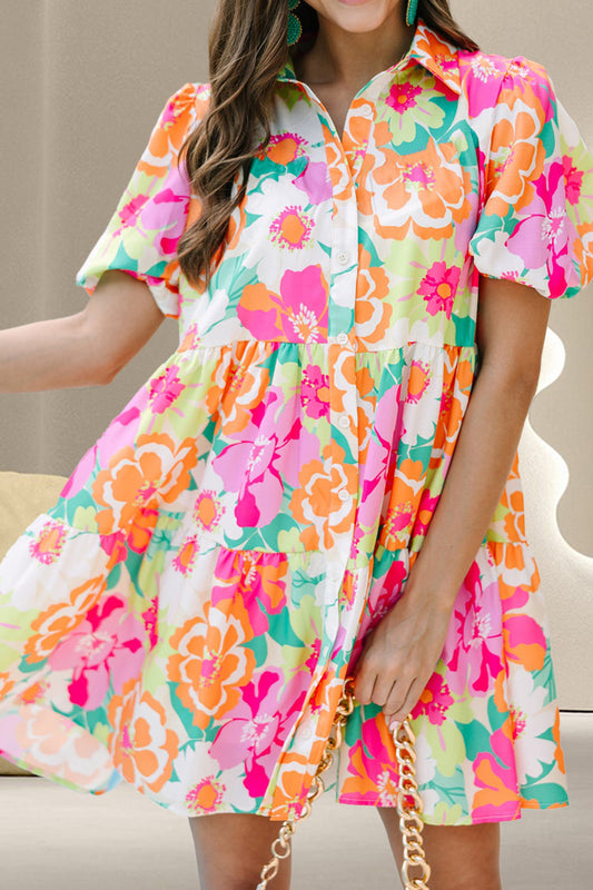 Tiered Printed Short Sleeve Mini Dress Floral S 