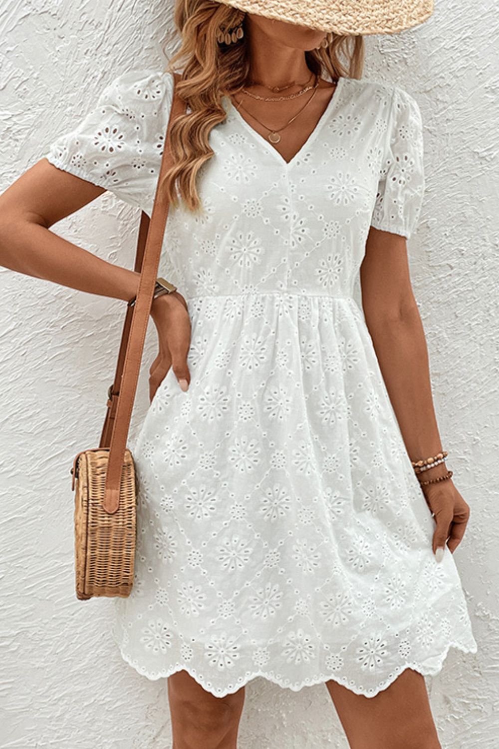 Tied V-Neck Short Sleeve Mini Dress   