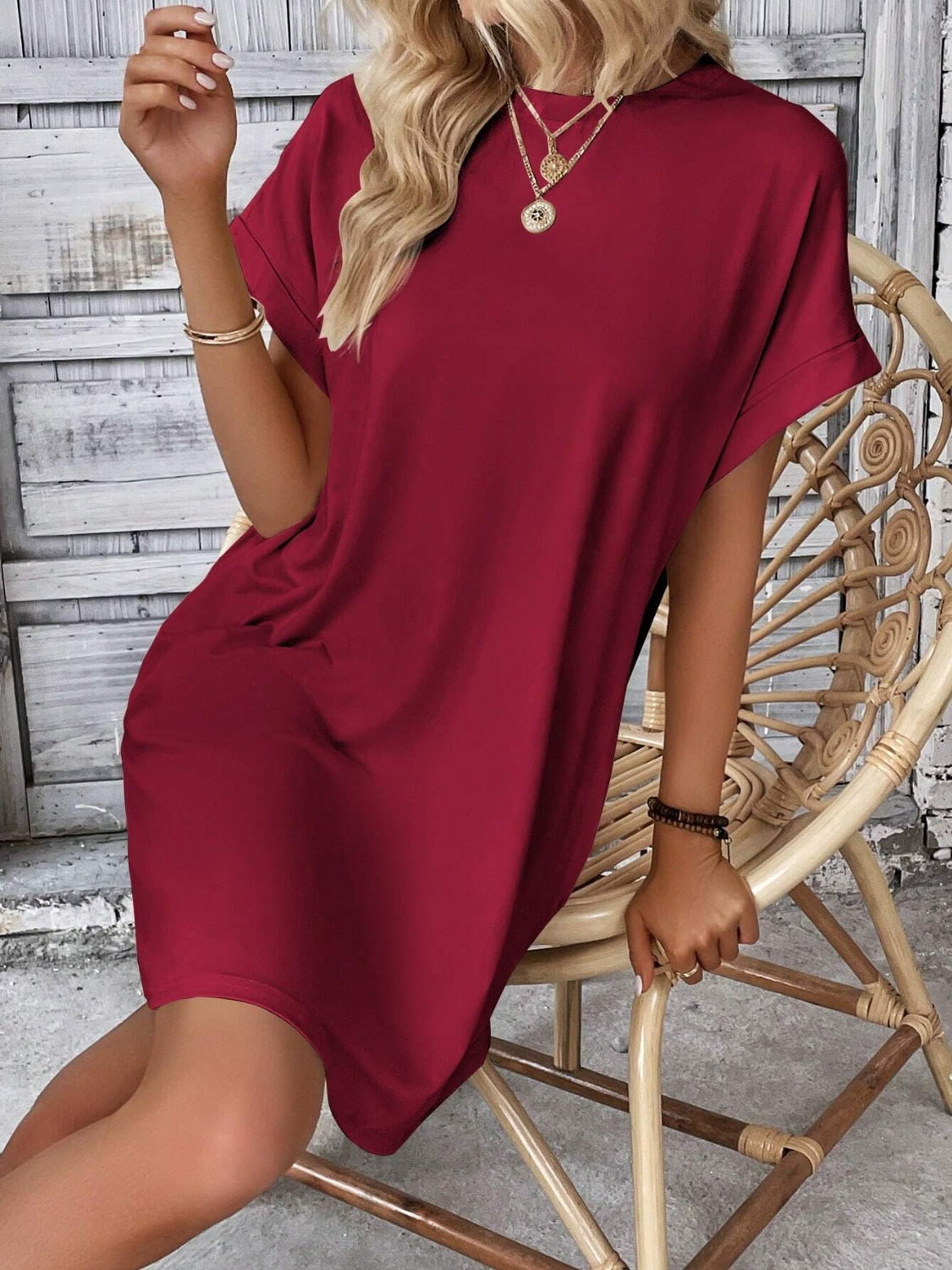 Round Neck Short Sleeve Mini Dress Burgundy S 