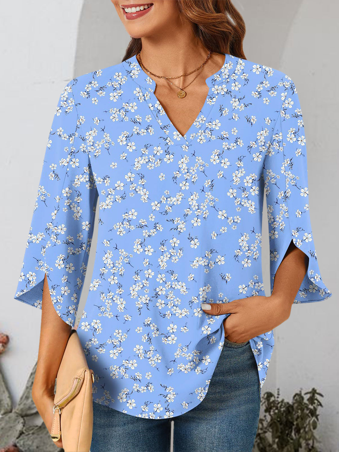 Notched Slit Half Sleeve Blouse   