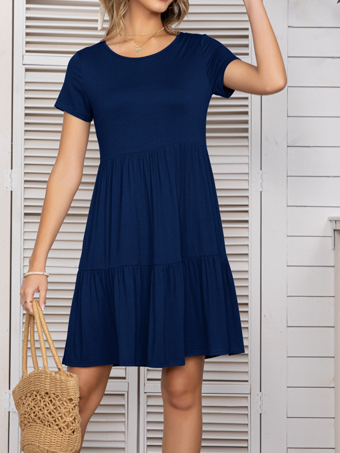 Round Neck Short Sleeve Mini Tee Dress   