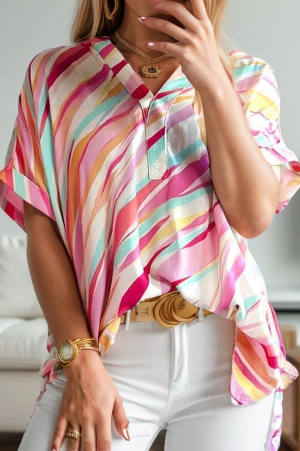 Color Block V-Neck Half Sleeve Blouse Multicolor S 