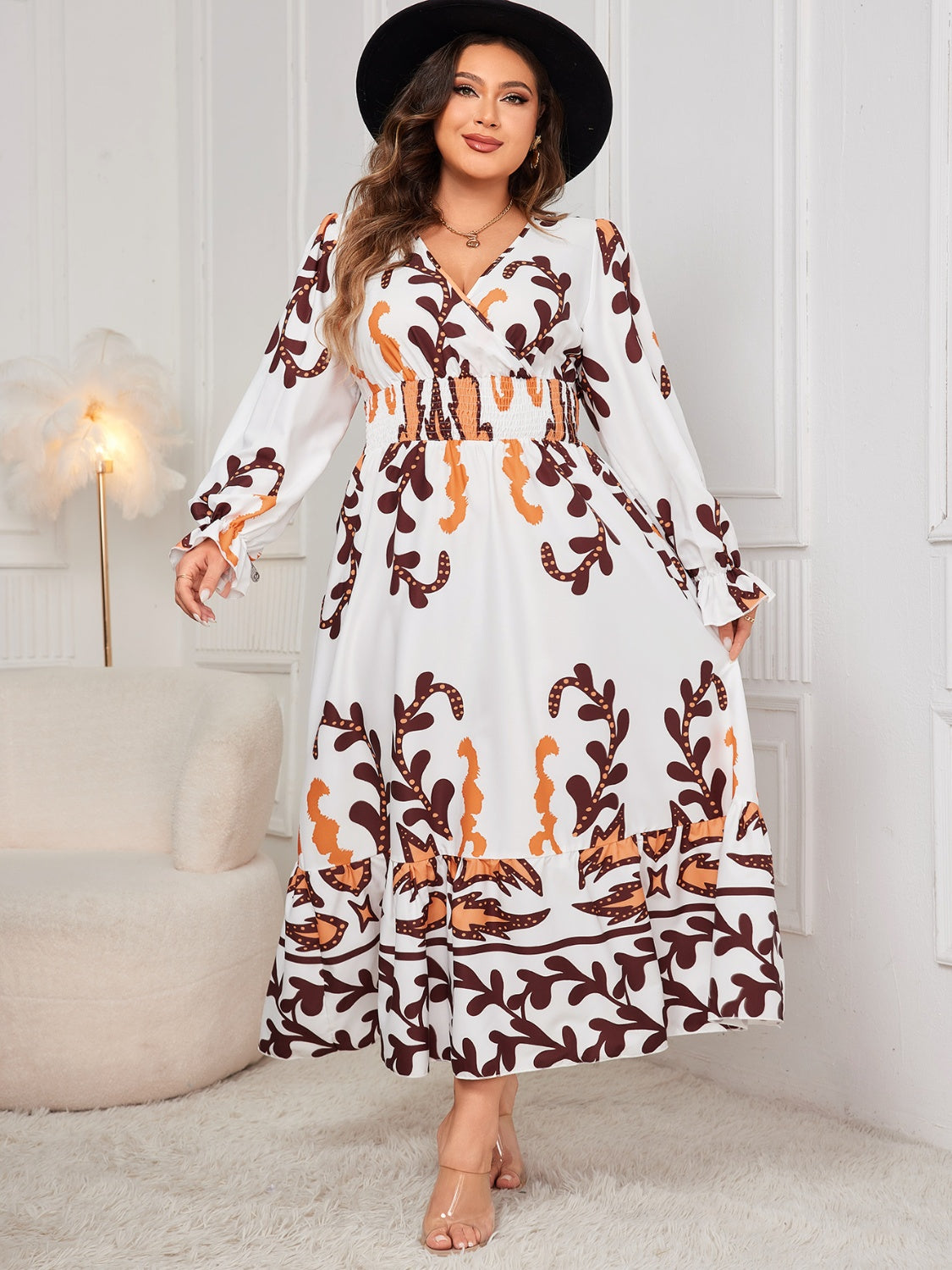 Plus Size Printed Surplice Flounce Sleeve Dress White 1XL 