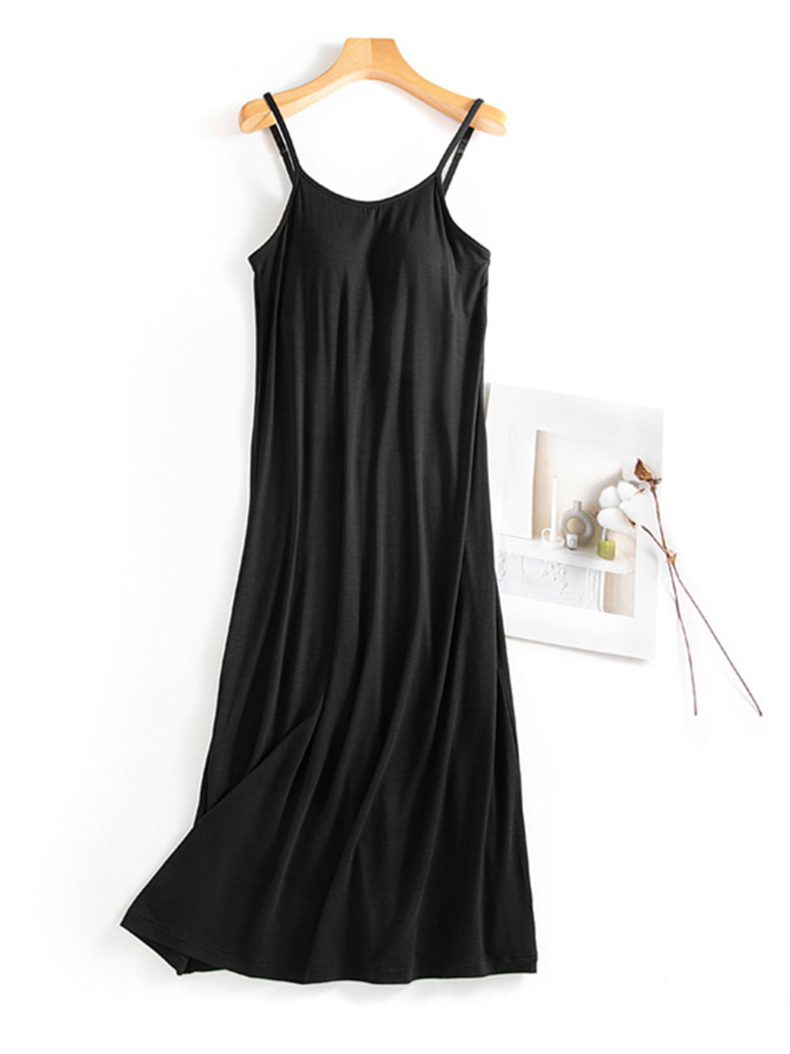 Scoop Neck Midi Cami Dress with Bra Black M 