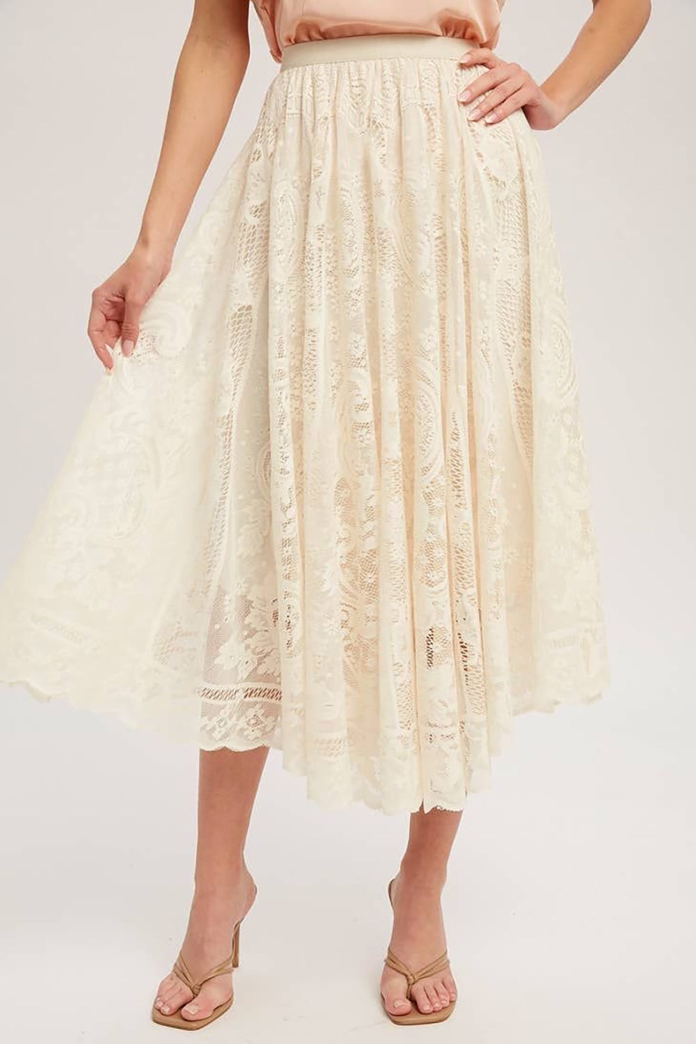 Lace High Waist Midi Skirt Sand S 