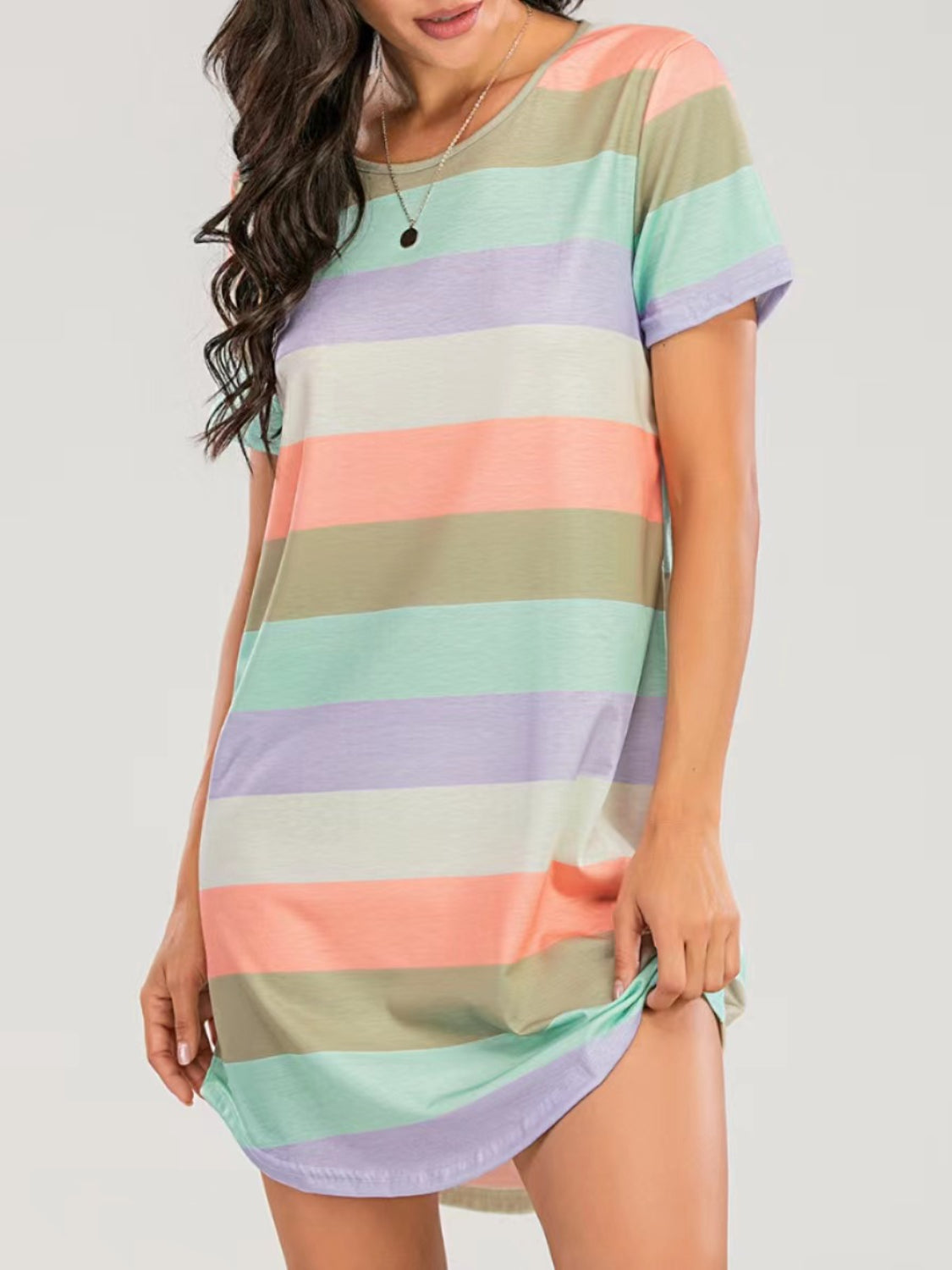 Striped Round Neck Short Sleeve Tee Dress   