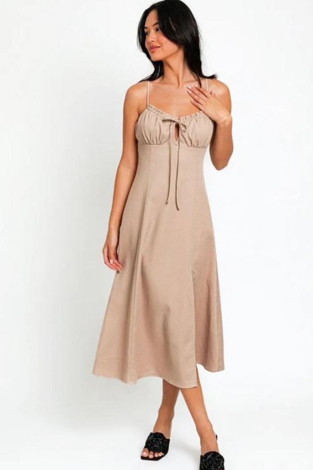 STUNNLY  Tasha Apparel Flare Front Tie Front Slit Midi Dress Beige XS 