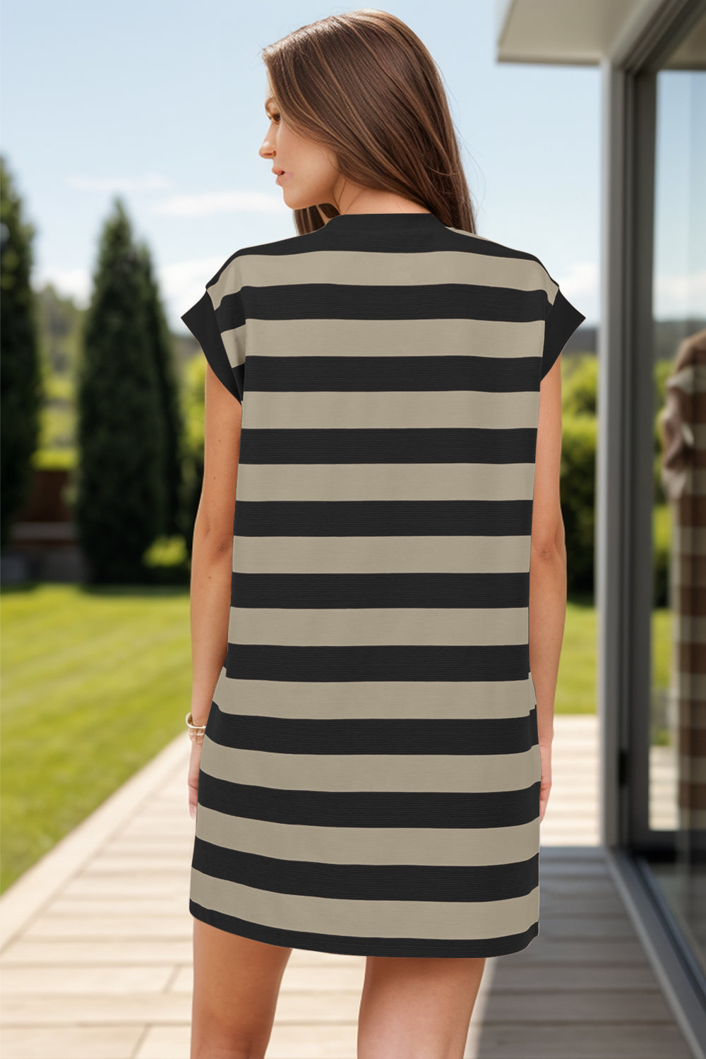 Striped Round Neck Cap Sleeve Mini Dress   