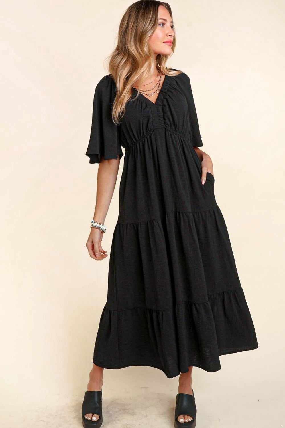 Haptics Tiered Babydoll Maxi Dress with Side Pocket Black S 