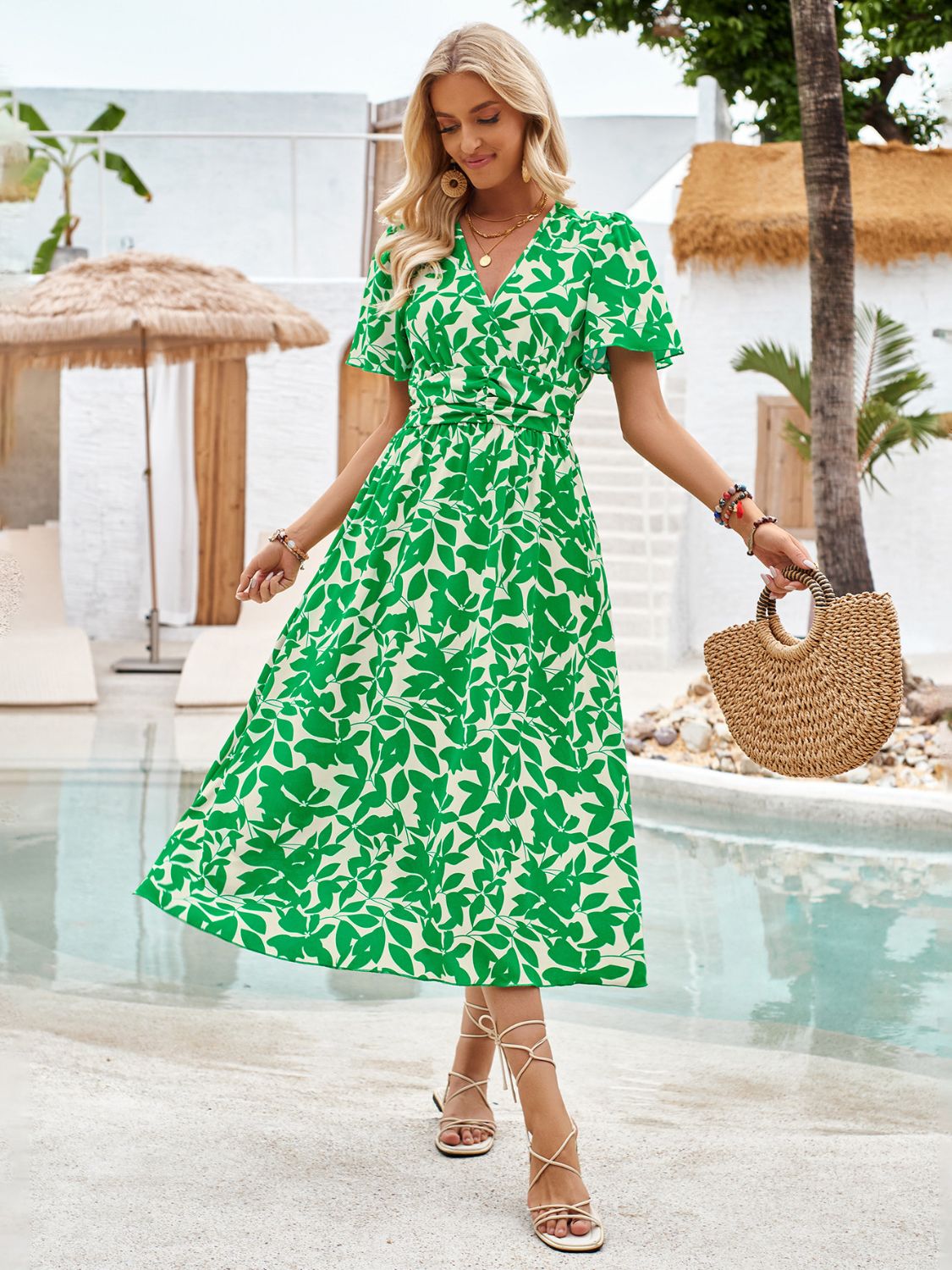 Printed Surplice Short Sleeve Midi Dress Green S 