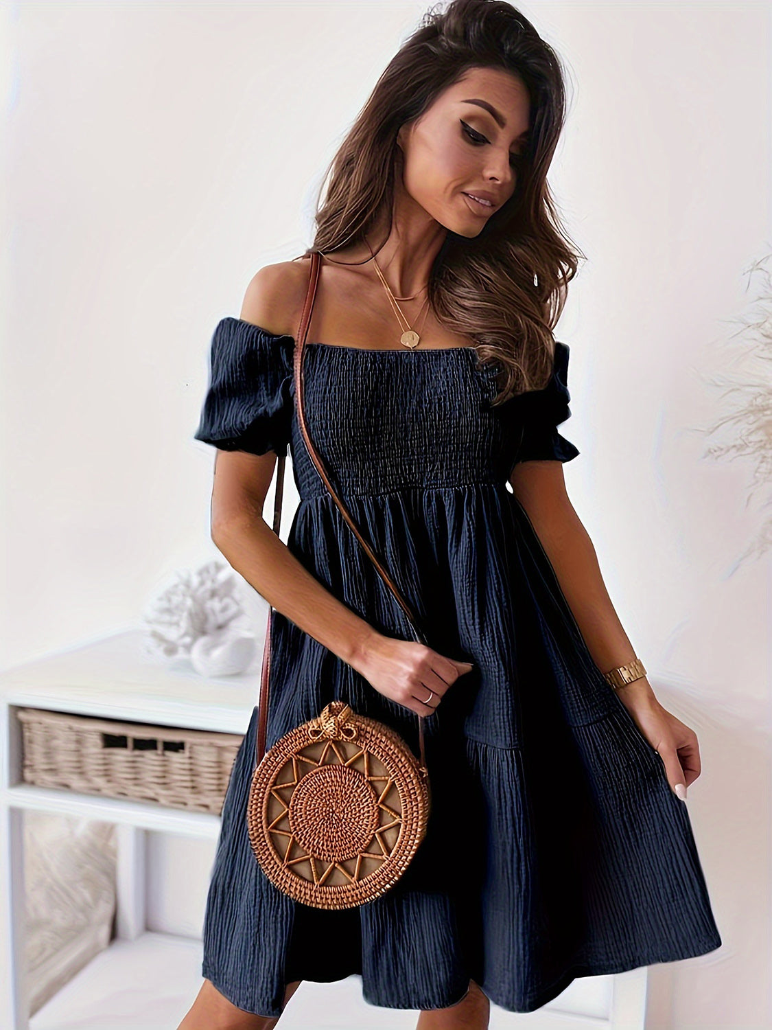 Full Size Ruffled Off-Shoulder Short Sleeve Dress Dark Blue S 