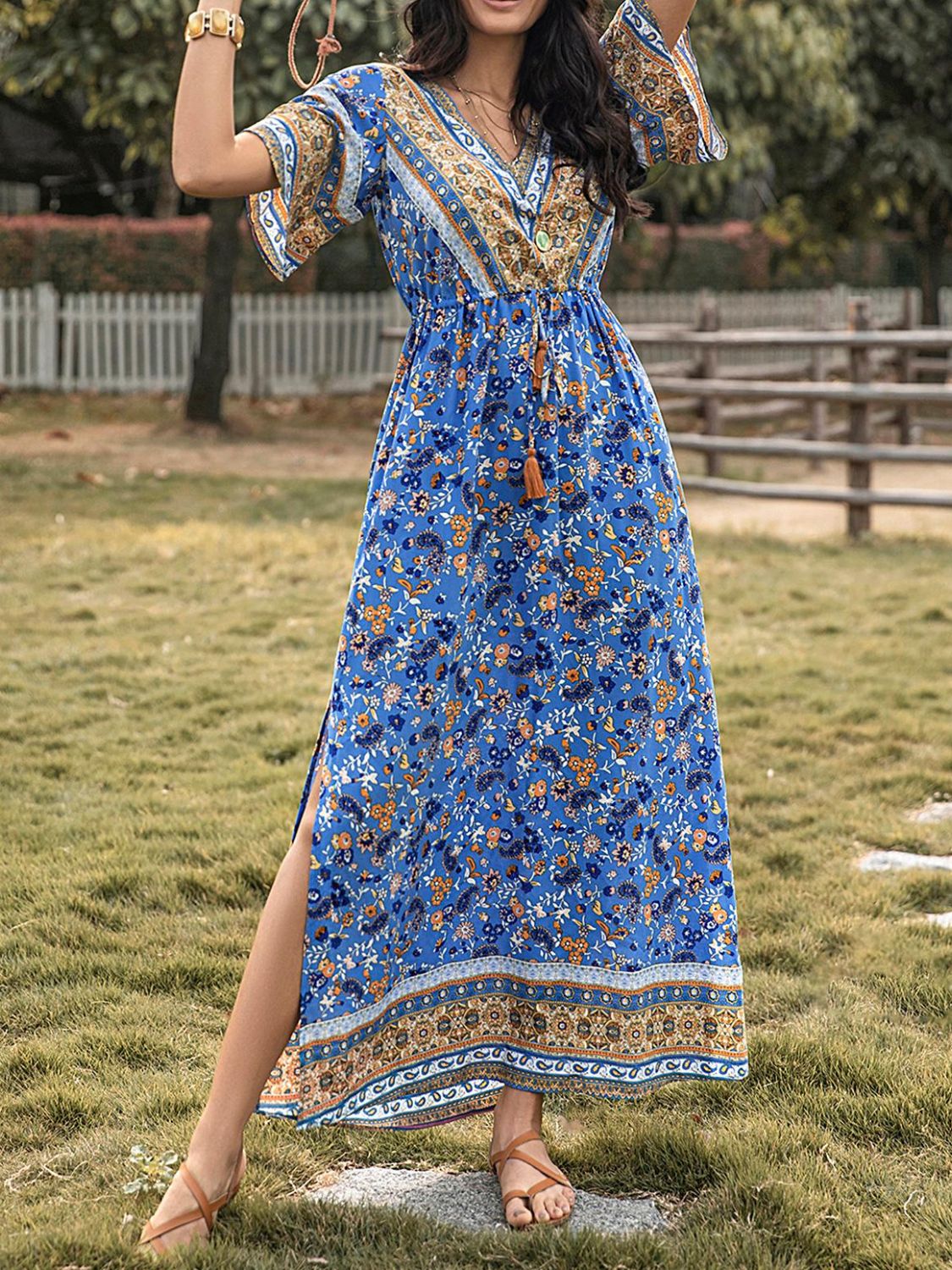 Slit Printed V-Neck Half Sleeve Maxi Dress   