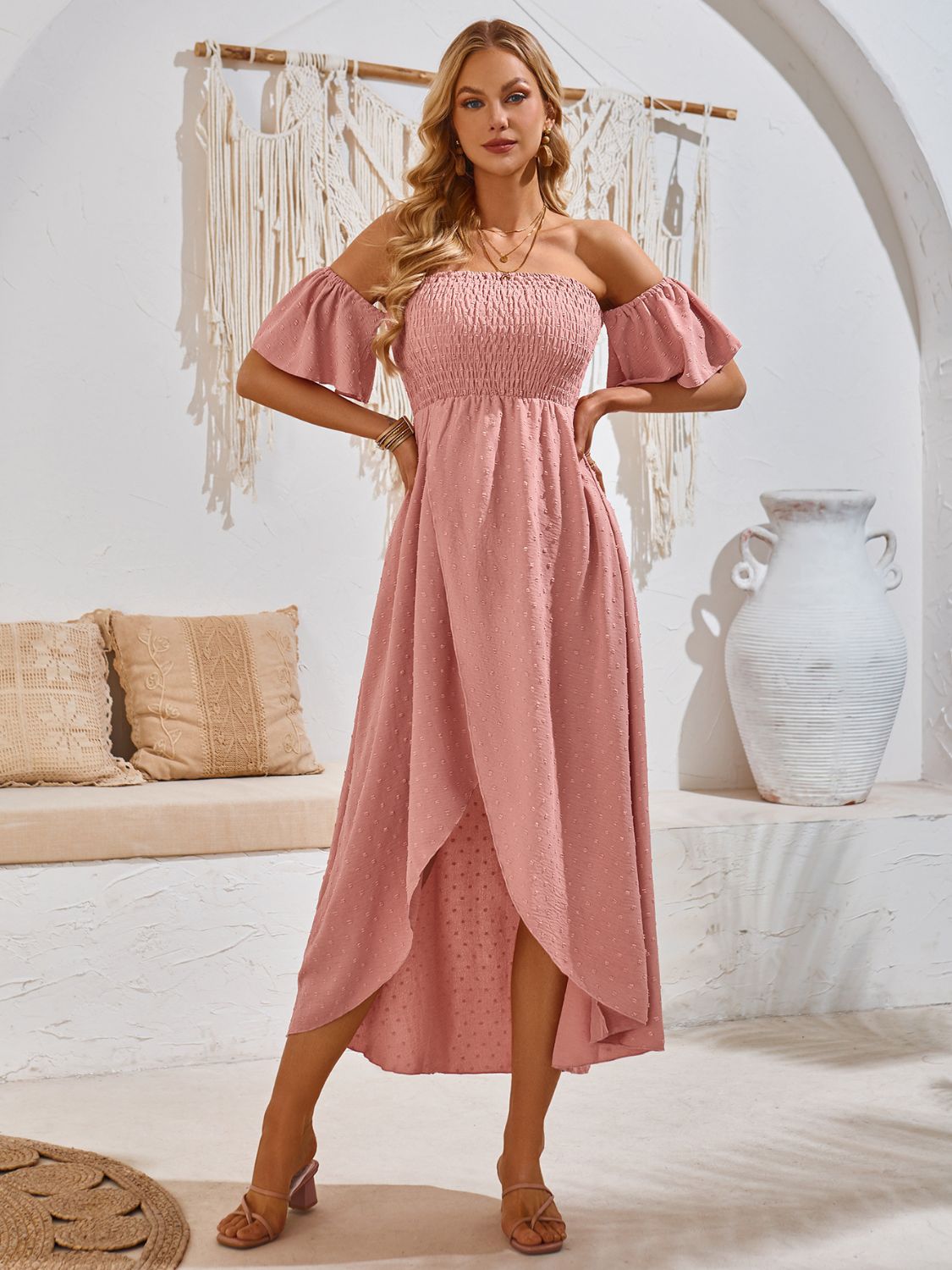 High-Low Smocked Short Sleeve Midi Dress Pale Blush S 