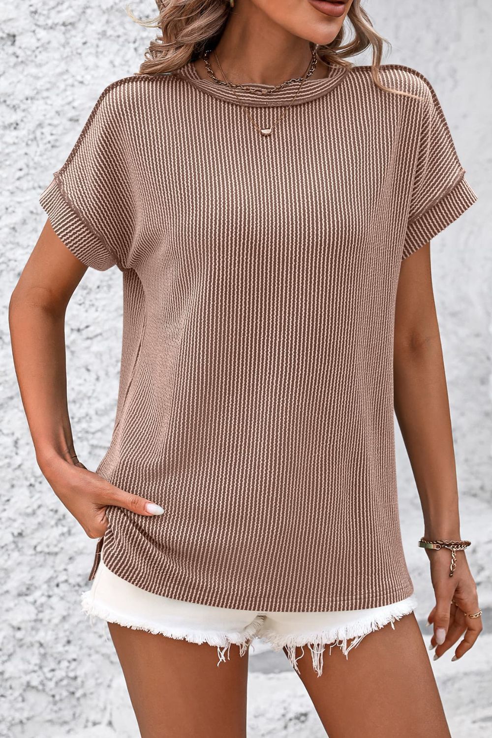 STUNNLY  Striped Round Neck Short Sleeve T-Shirt   