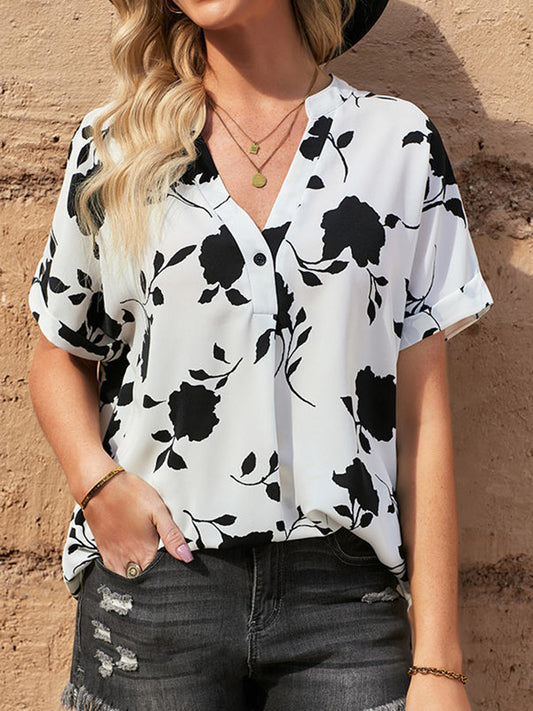 STUNNLY  Full Size Printed Notched Short Sleeve Blouse White S 