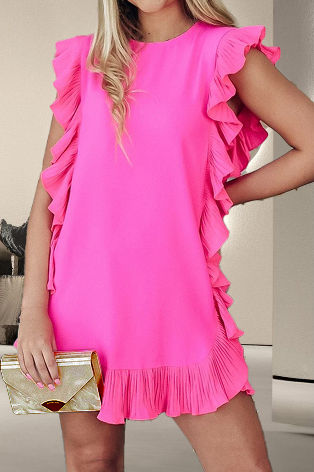 Ruffled Round Neck Cap Sleeve Mini Dress Hot Pink S 