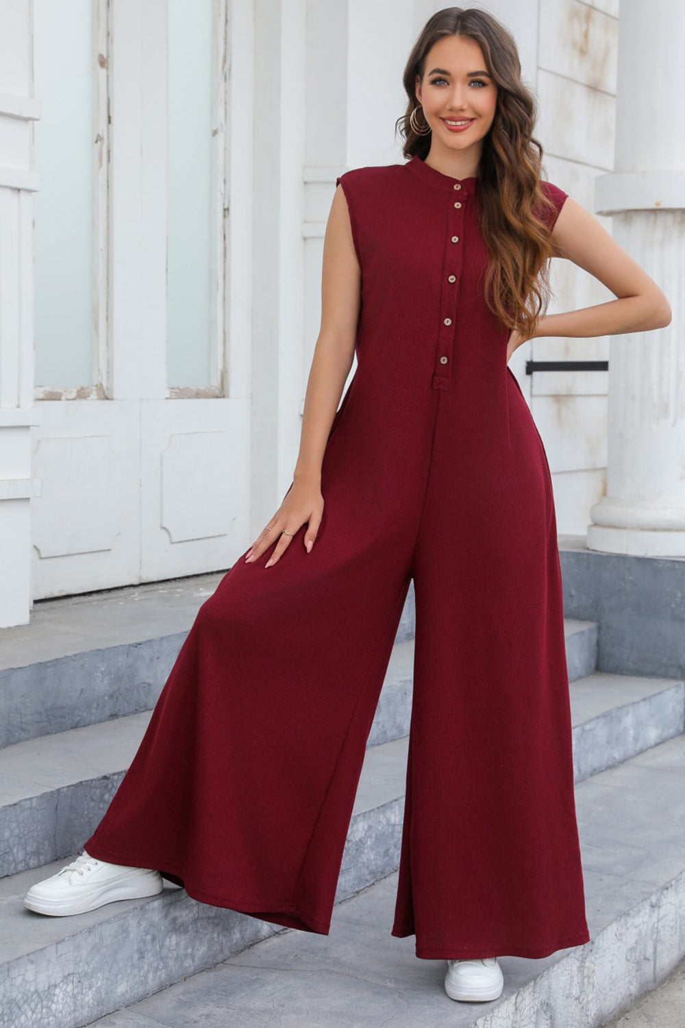 STUNNLY  Half Button Wide Leg Jumpsuit with Pockets Wine S 