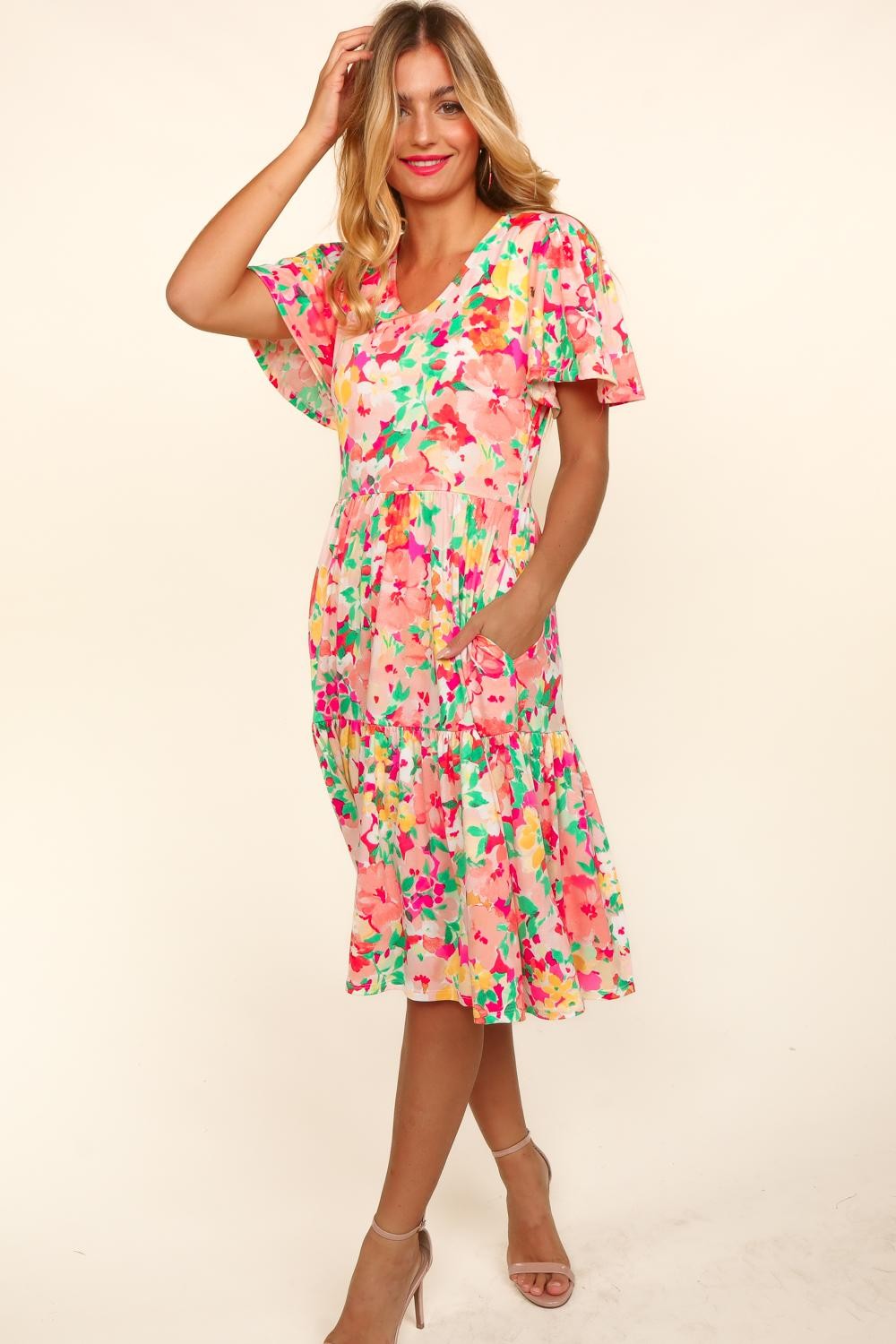 Haptics Tiered Floral Midi Dress with Pockets   