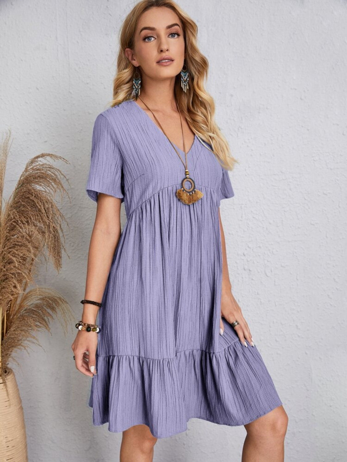 Full Size V-Neck Short Sleeve Dress Lavender S 