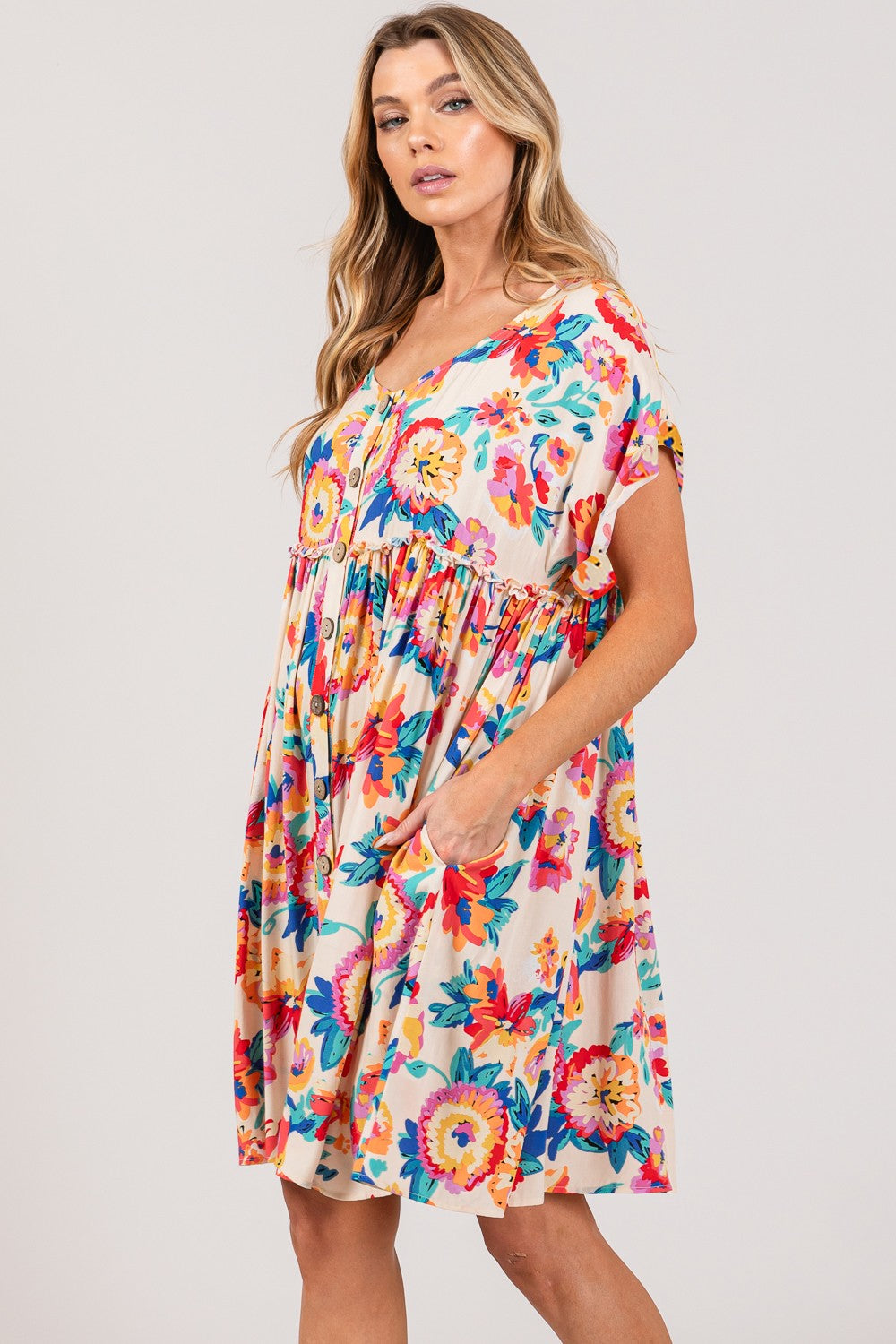 SAGE + FIG Full Size Floral Button-Down Short Sleeve Dress   