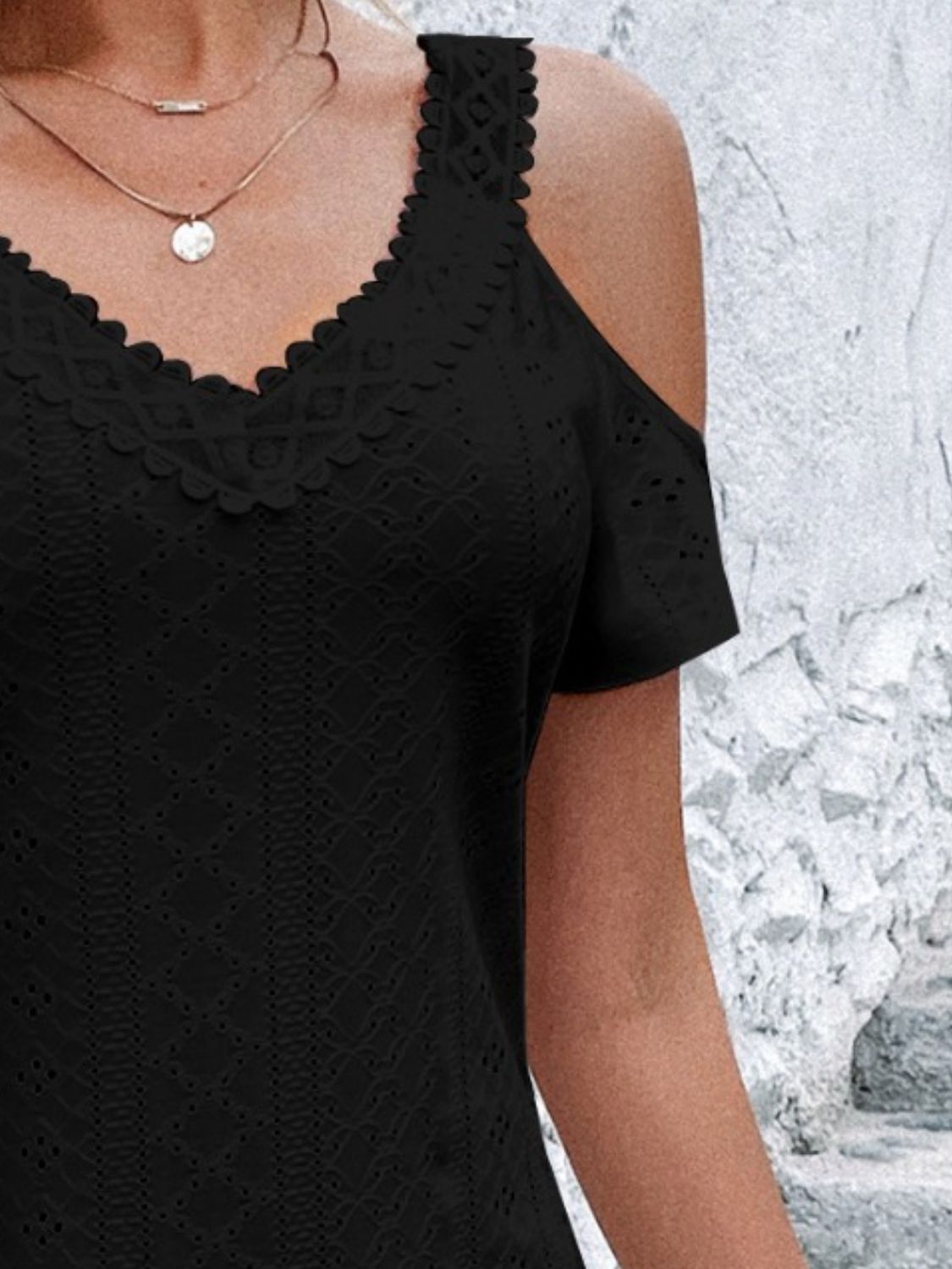 Eyelet V-Neck Cold Shoulder Mini Dress   