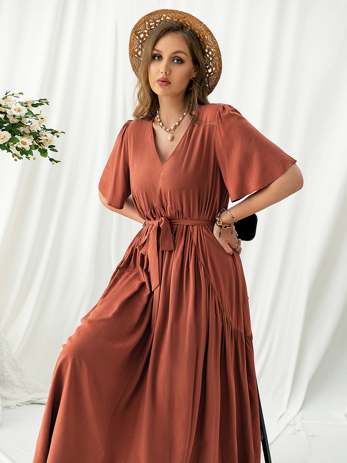 Plus Size V-Neck Flutter Sleeve Midi Dress   