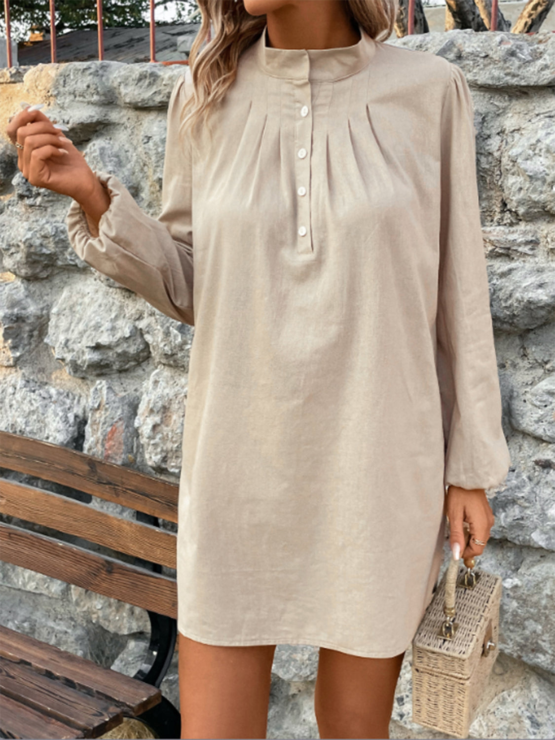 STUNNLY  Half Button Mock Neck Long Sleeve Mini Shirt Dress   