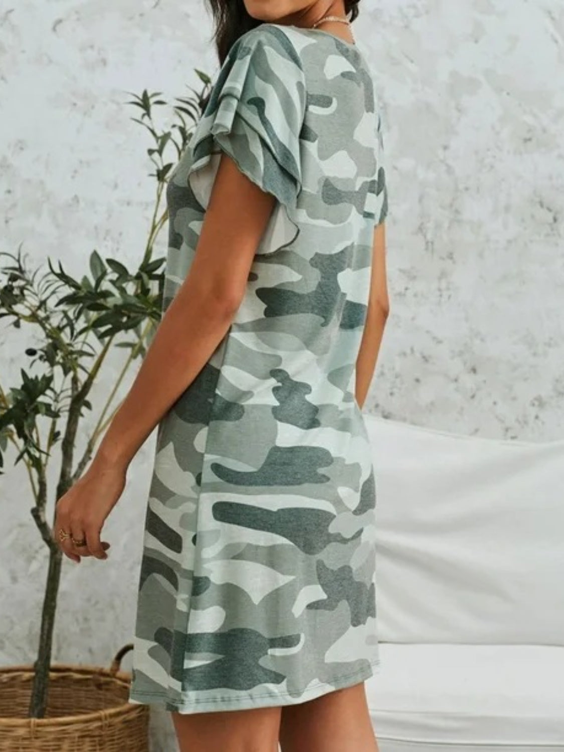 Camouflage Round Neck Short Sleeve Mini Dress   