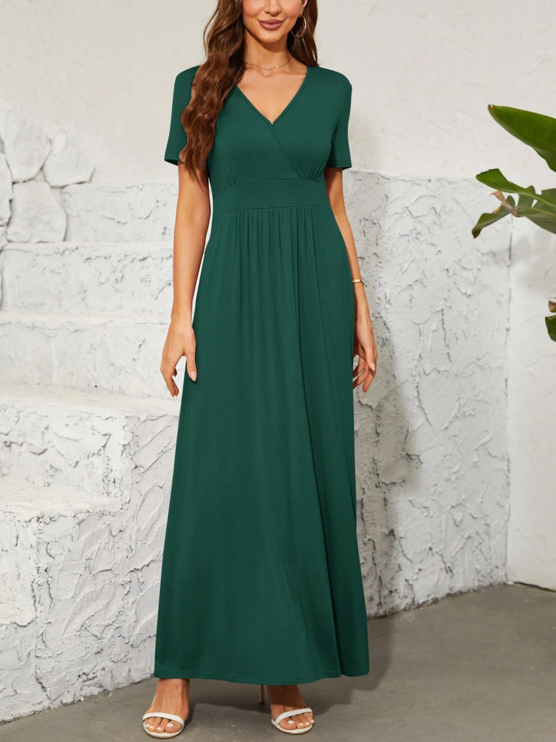 Surplice Short Sleeve Maxi Dress Dark Green S 