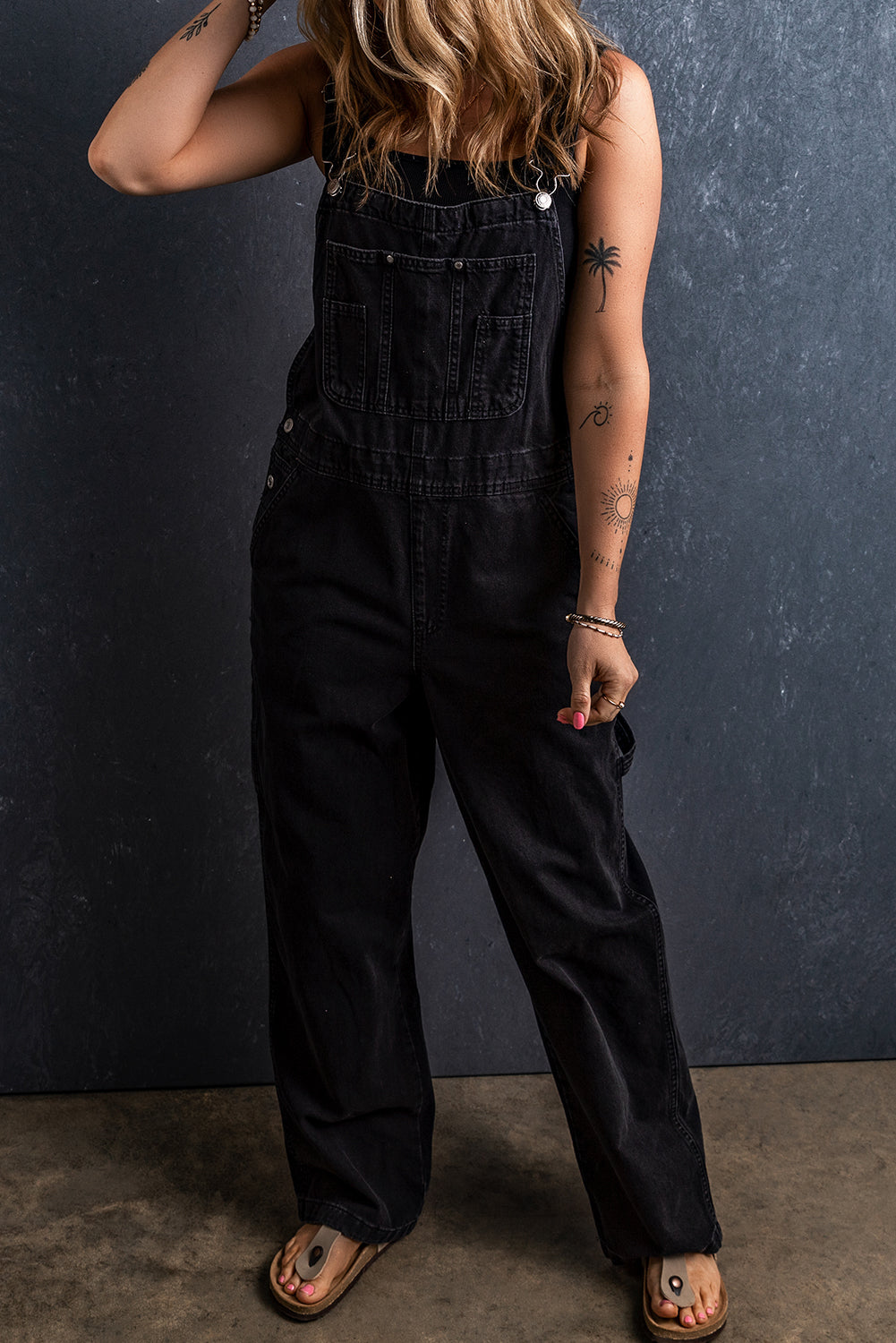 STUNNLY  Pocketed Straight Denim Overalls Black S 