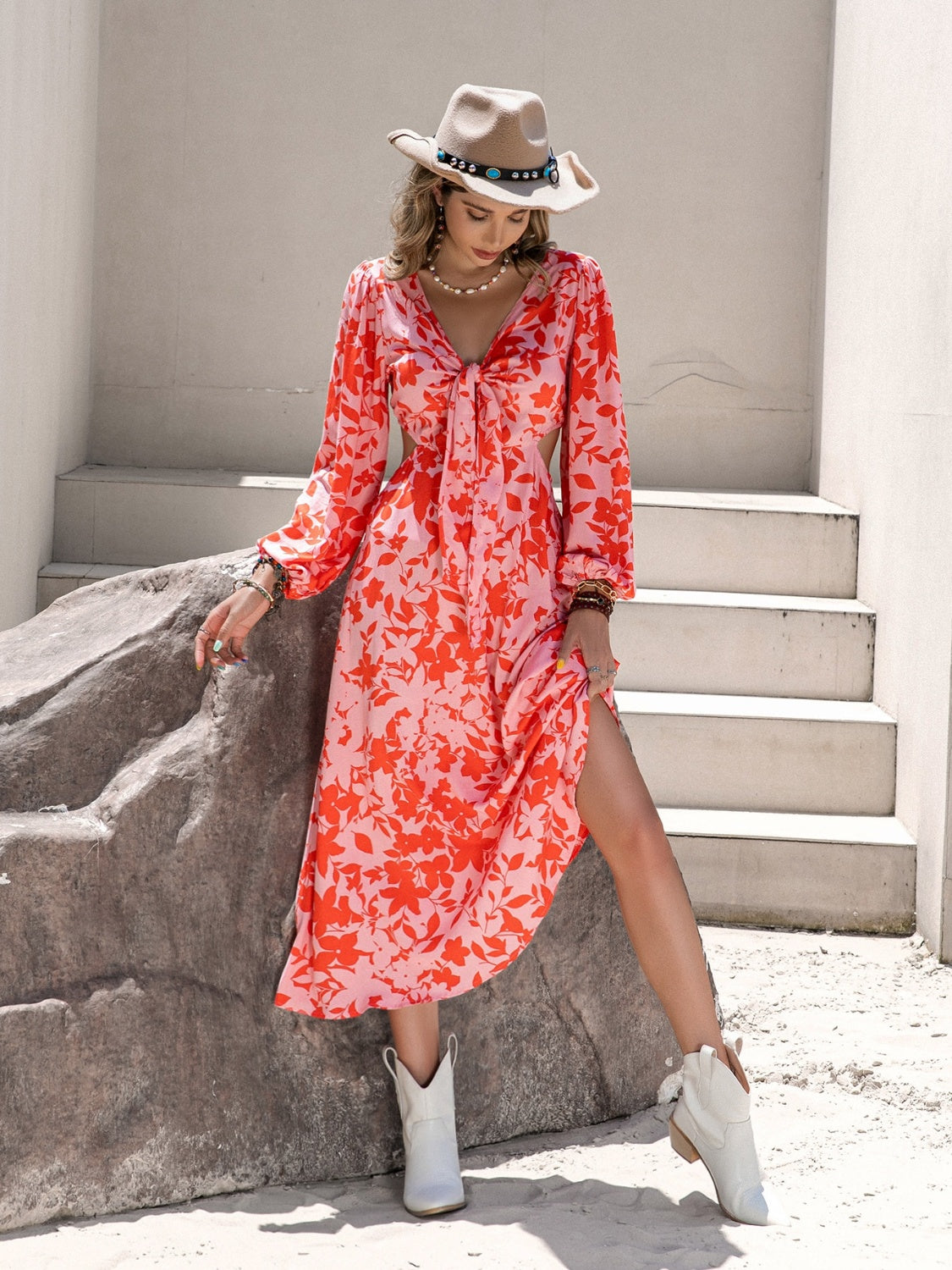 Tied Cutout Printed Long Sleeve Midi Dress Orange M 