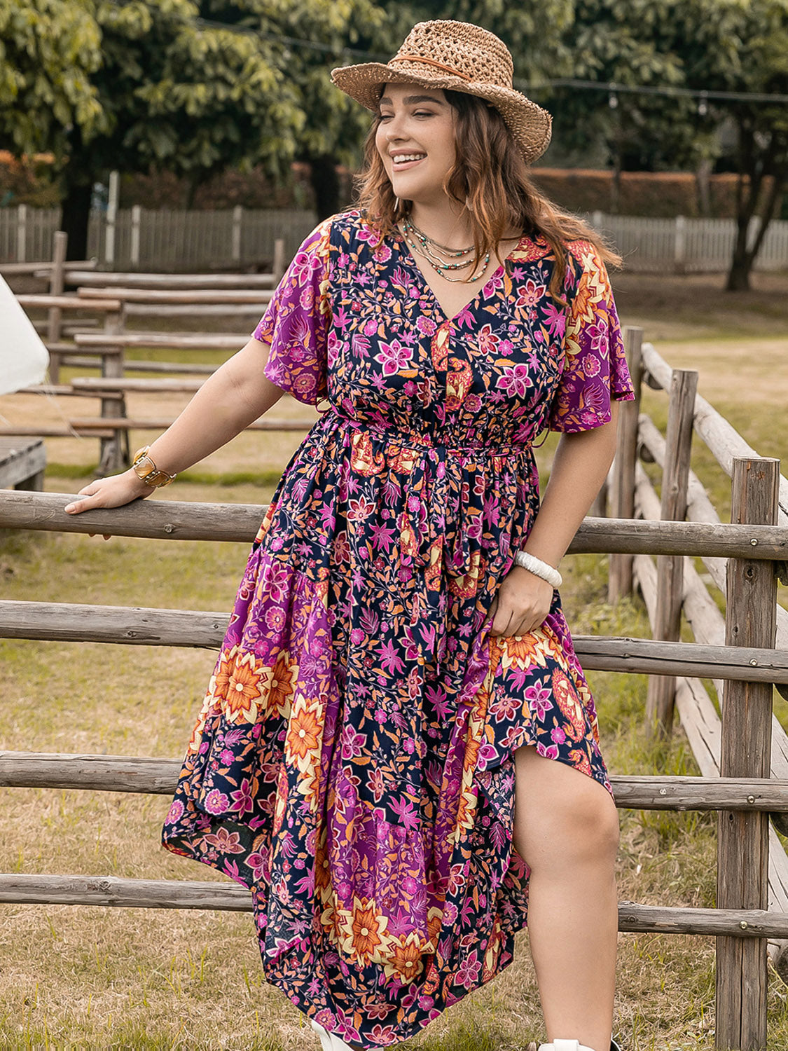 Plus Size Printed V-Neck Flutter Sleeve Midi Dress   