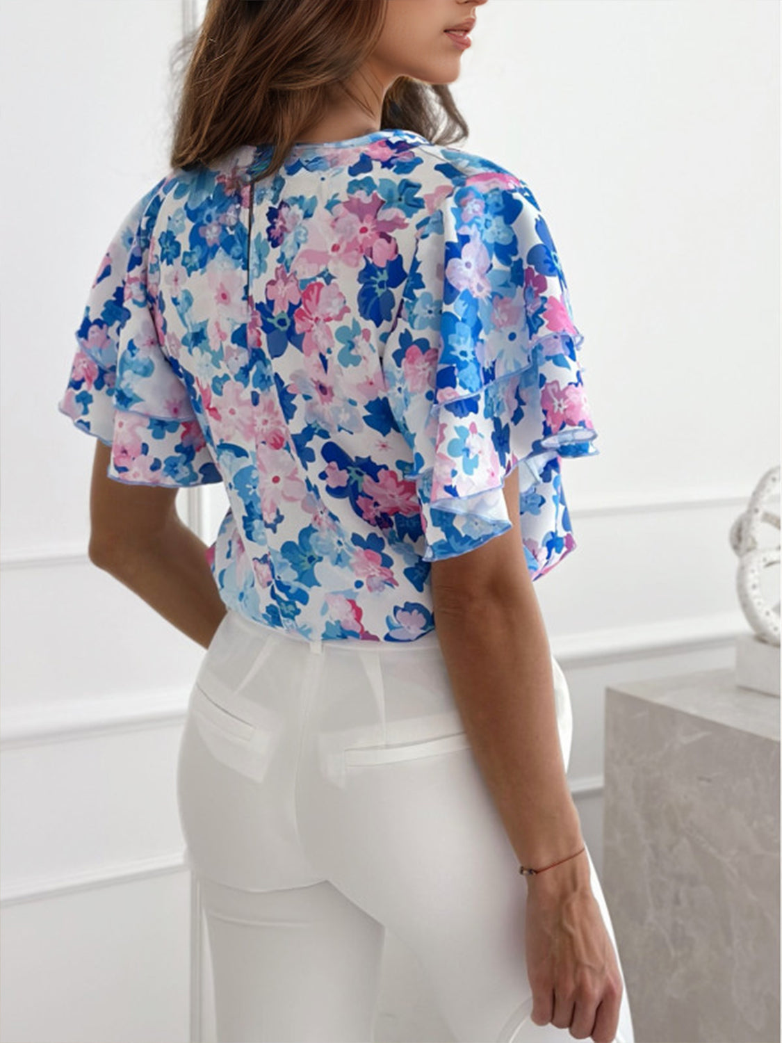 Floral Round Neck Flutter Sleeve Blouse   