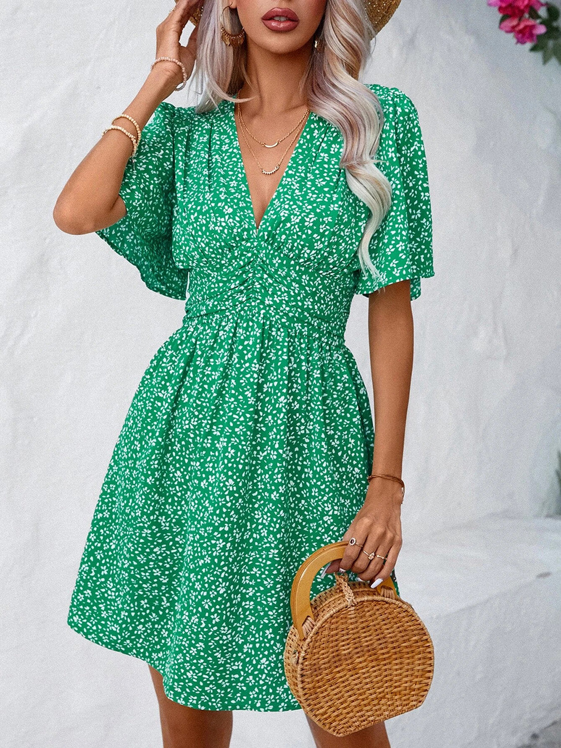 Printed V-Neck Half Sleeve Mini Dress   