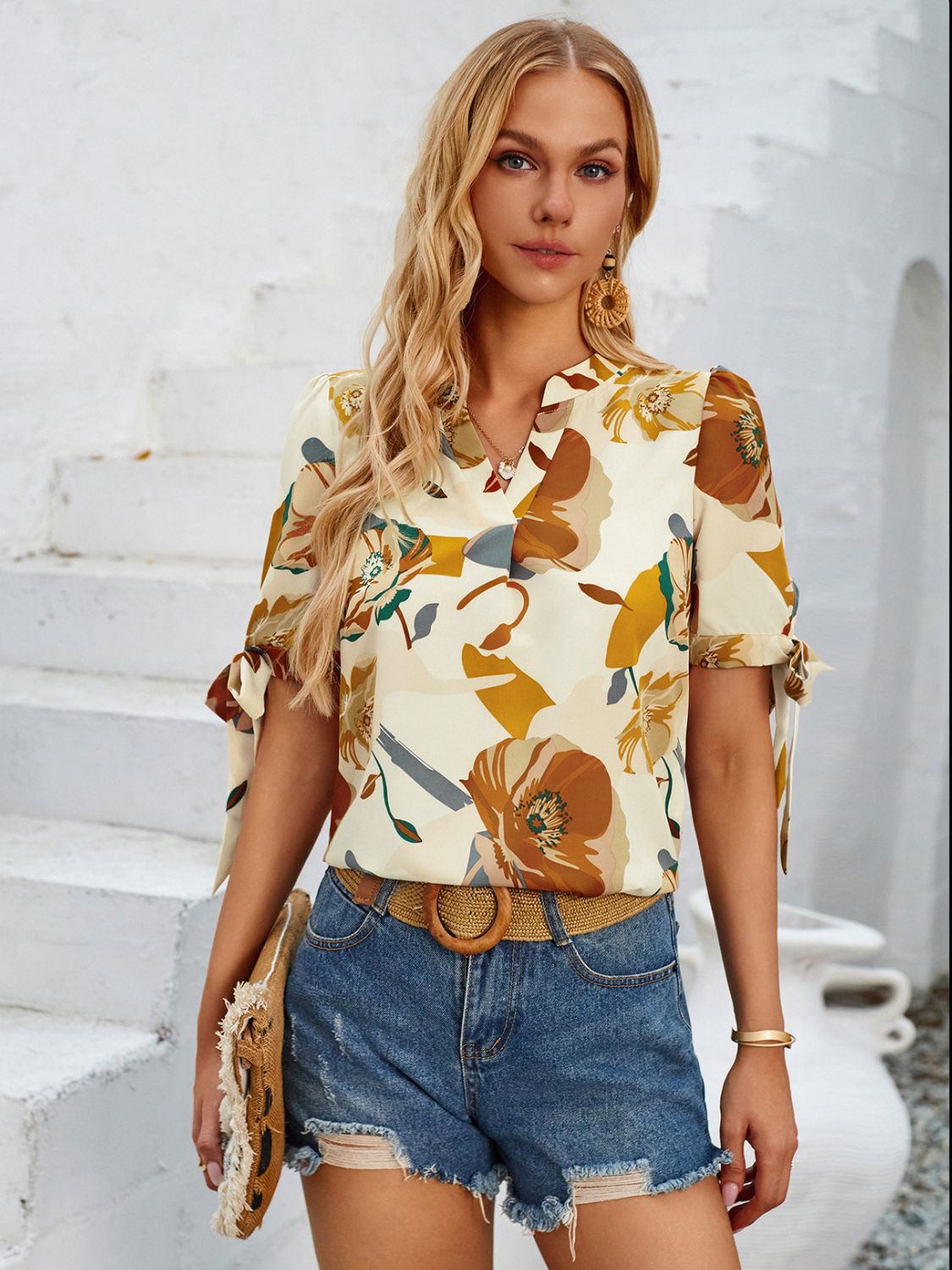 Tied Printed Notched Short Sleeve Blouse Pastel Yellow S 