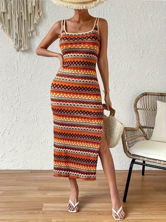 Full Size Slit Square Neck Wide Strap Midi Dress Caramel S 