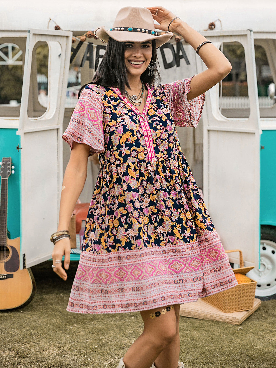 Printed V-Neck Short Sleeve Dress Blush Pink S 