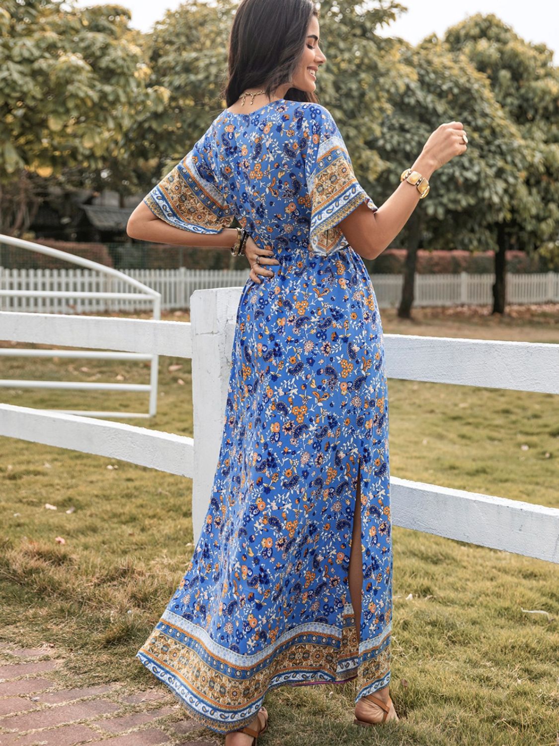 Slit Printed V-Neck Half Sleeve Maxi Dress   