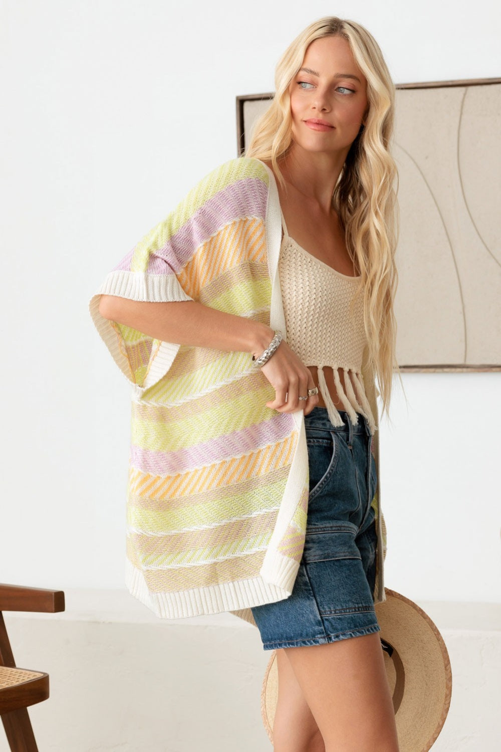 STUNNLY  Tasha Apparel Colorful Kimono Design Short Sleeve Knit Cardigan   