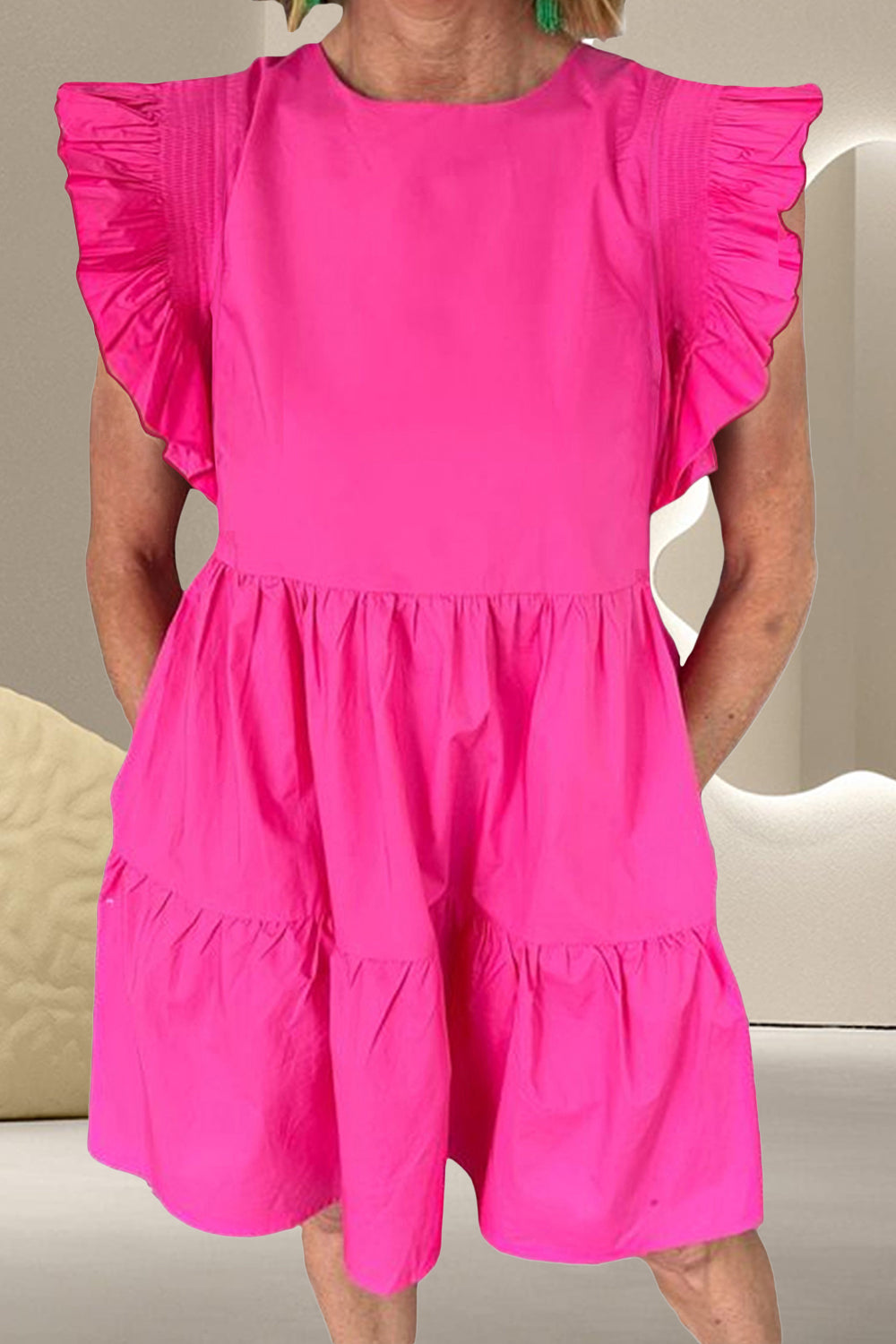 Ruffled Round Neck Cap Sleeve Mini Dress Hot Pink M 